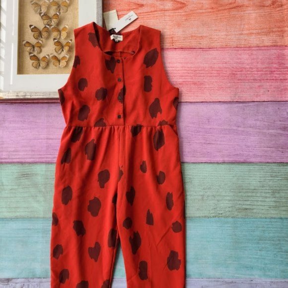 NWT Pepaloves Rust Red Isadora Printed Slim Straight Leg Retro Knit Jumpsuit XS - Picture 3 of 7